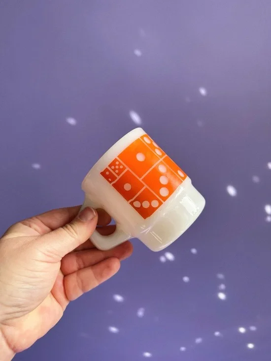 Vintage Orange & Red Domino Stacking Fire King Milk Glass Mugs - Picture 5 of 5